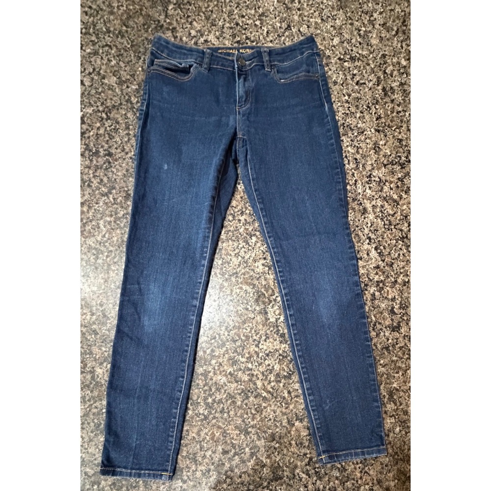Michael Kors Womens Skinny Jeans Dark Wash Denim Gold Logo Size 4